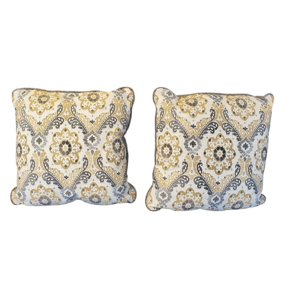 Set Of 2 Decorative Tapestry Throw Pillows Gold Gray Floral Geometric 18" x 18"